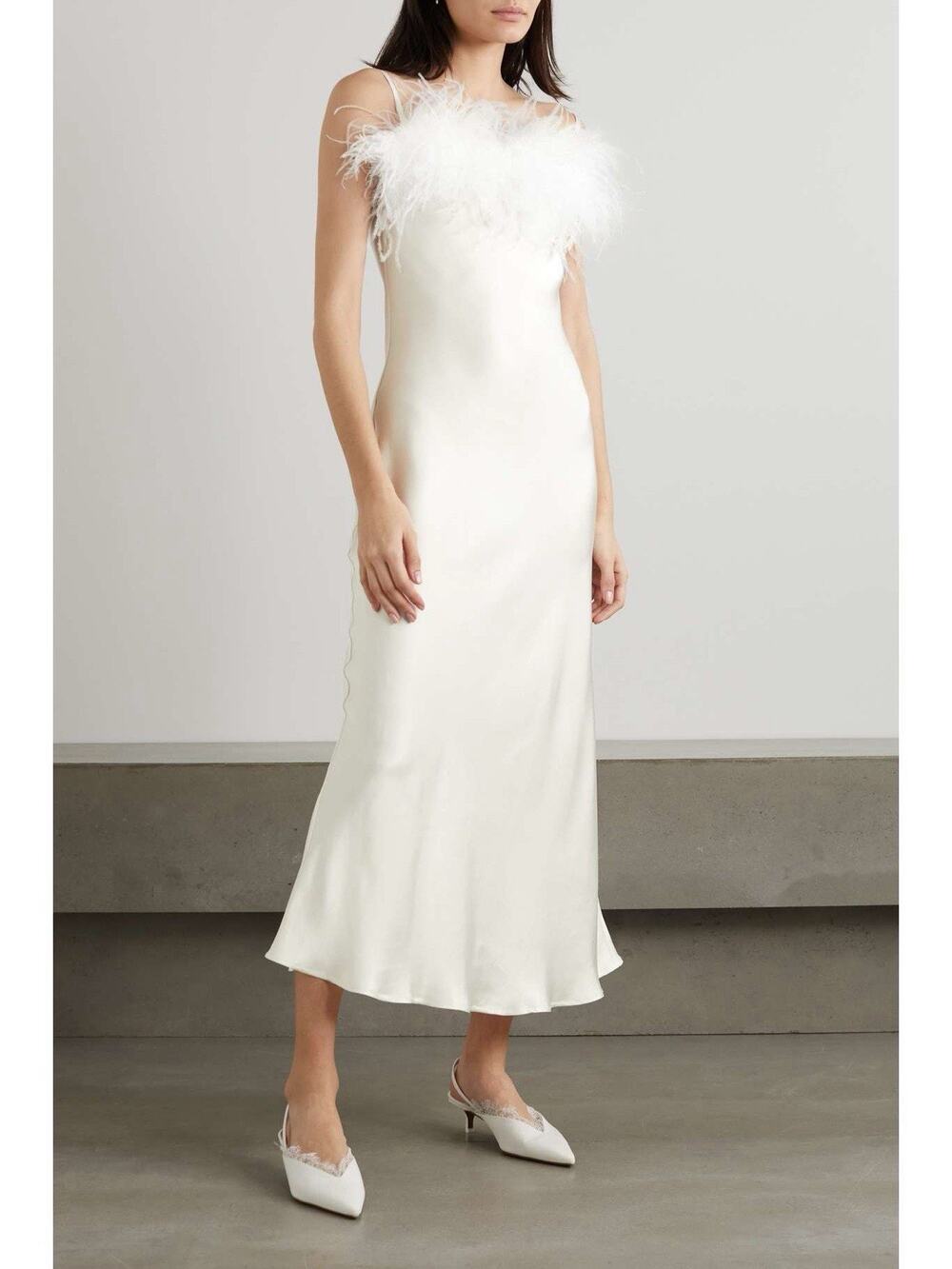 Sleeper White Boheme Feather Trim Slip Dress Size XS 100% Rayon Satin Bridal